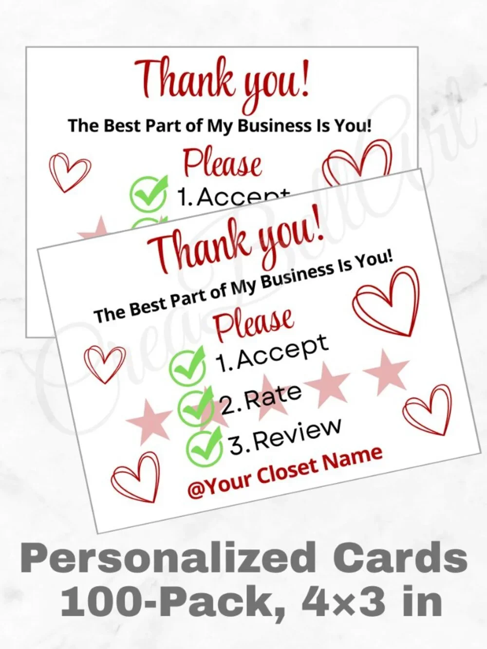 100 Personalized Rate Thank You Cards Small Business, 4×3 in